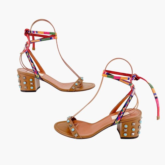 Valentino Garavani Rockstud Rolling Sandals EU 38.5 US 8.5 Brown Ankle Wrap - Picture 7 of 12